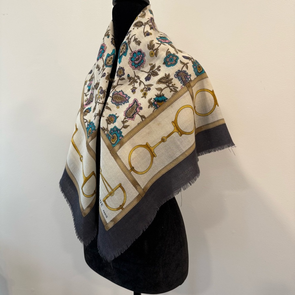 Celine Silk Scarf 90 Carré Floral Navy Ivory Made in France - Picture 6 of 14